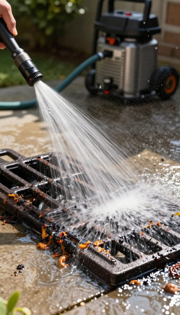 Pressure washing a burnt stove grate outdoors