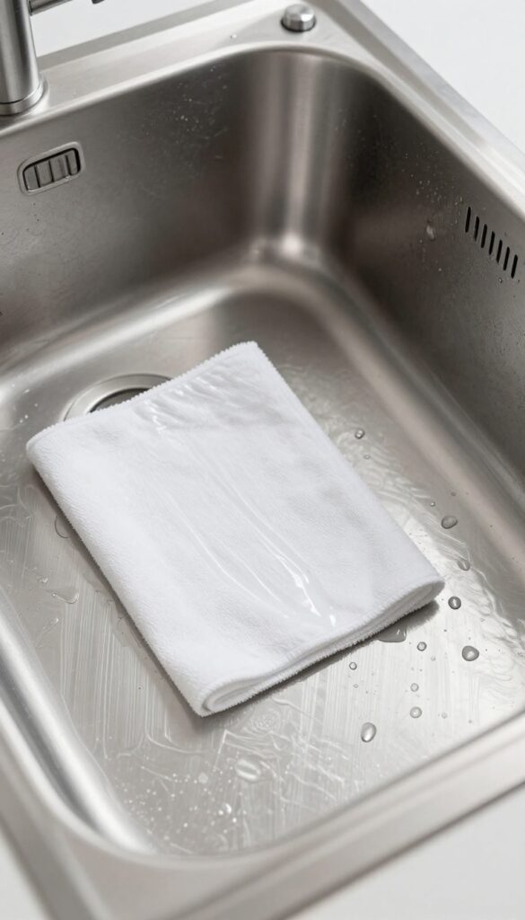 Cleaning stainless steel sink by buffing in the direction of the grain with a microfiber cloth