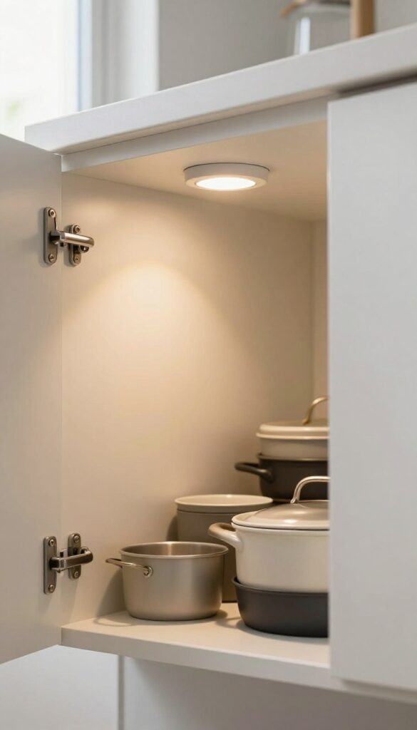 Corner cabinet with battery-operated LED puck light illuminating stacked pots and pans inside
