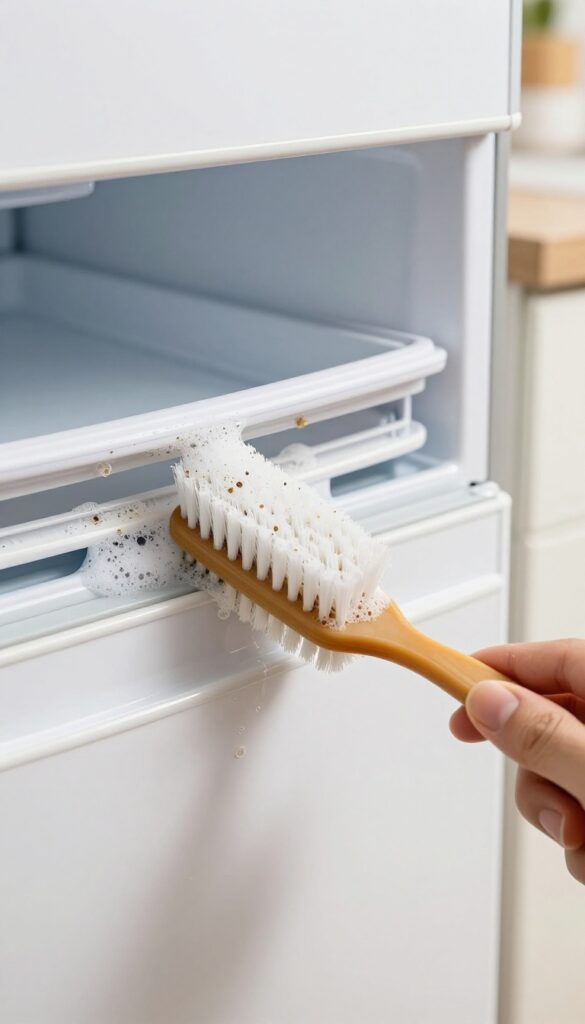 Cleaning refrigerator door seal with a toothbrush