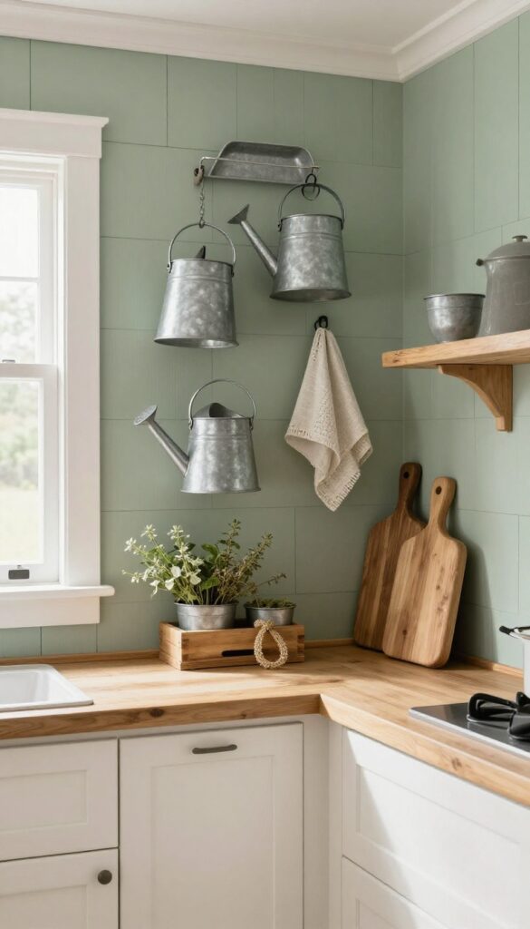 Galvanized metal tray, bucket, and watering can hung on a sage green shiplap wall with a reclaimed wood shelf and dried herbs, farmhouse kitchen decor.