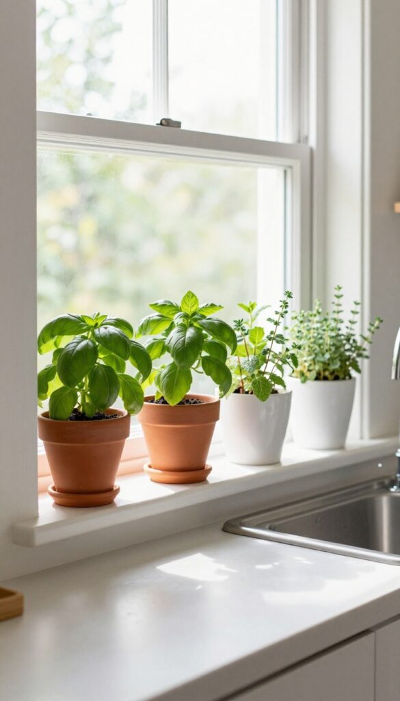 A window sill garden with small herb pots in a tiny house kitchen, bathed in natural light.