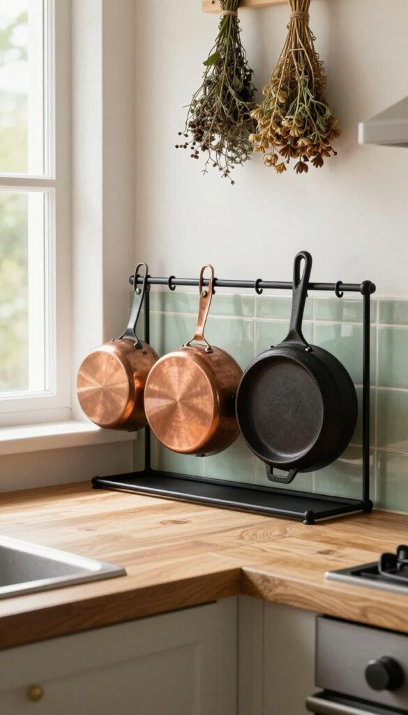 Warm and cozy small kitchen with a matte black iron pot rack holding copper and cast iron cookware above a narrow counter, natural light, green tiles, dried herbs.