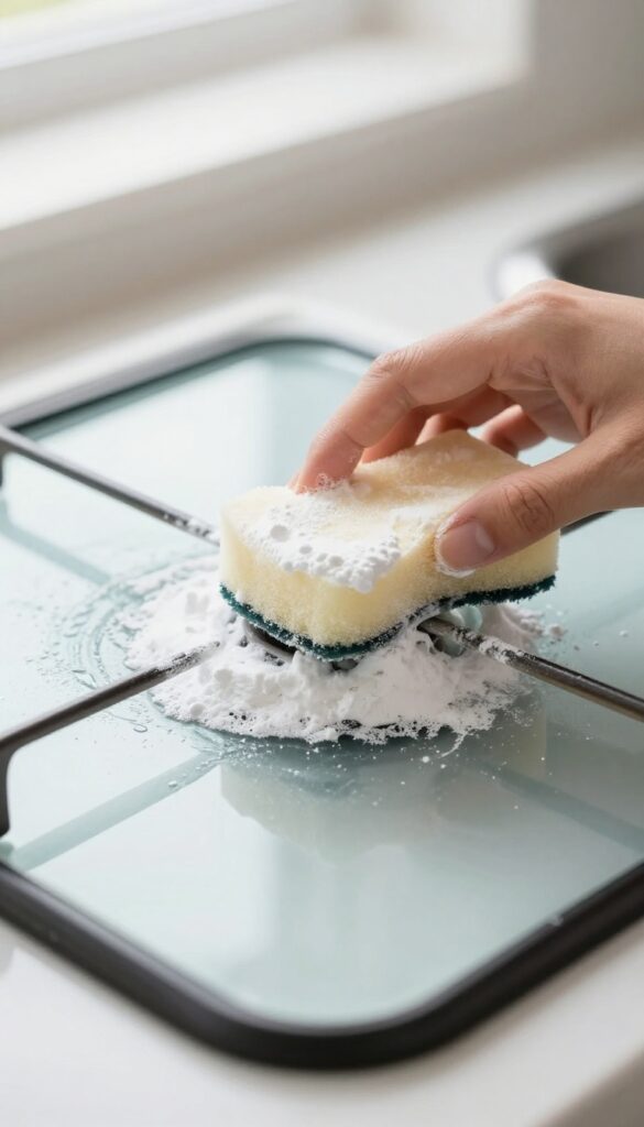 Cleaning glass stove top with baking soda and dish soap paste to remove greasy burnt spots