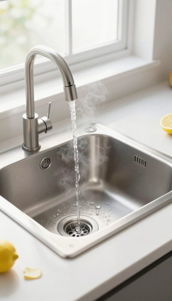 Pouring boiling water into a garbage disposal with lemon peels for cleaning and odor control.