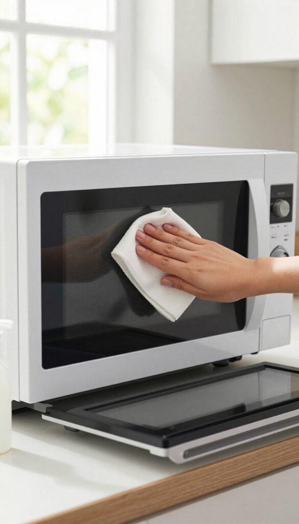 Hand wiping inside of microwave with damp cloth after use, clean kitchen counter