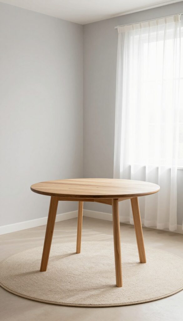 Round wooden table on a round ivory rug in a small kitchen nook with chairs, soft natural light, airy and intentional look.
