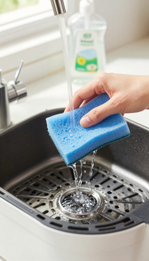 Hand scrubbing air fryer basket with soft sponge in bright kitchen