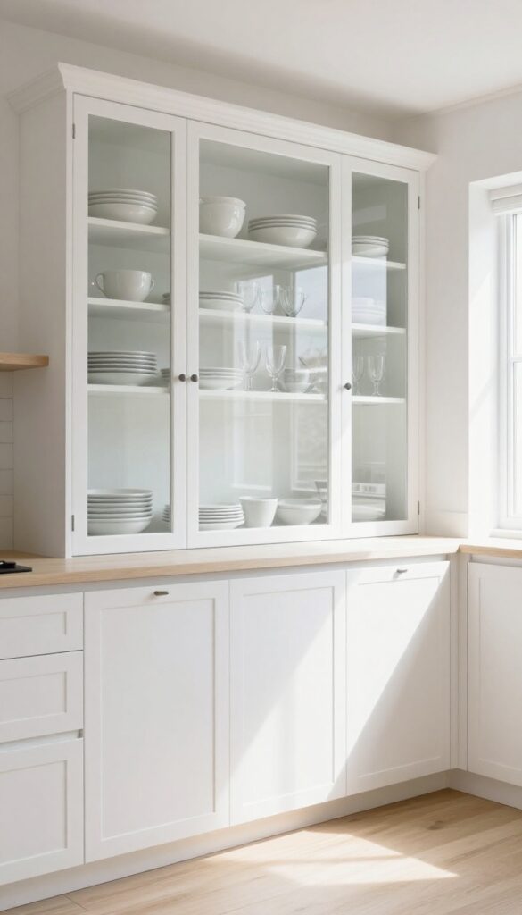Kitchen with glass-front upper cabinets displaying white dishes, natural light, modern farmhouse style
