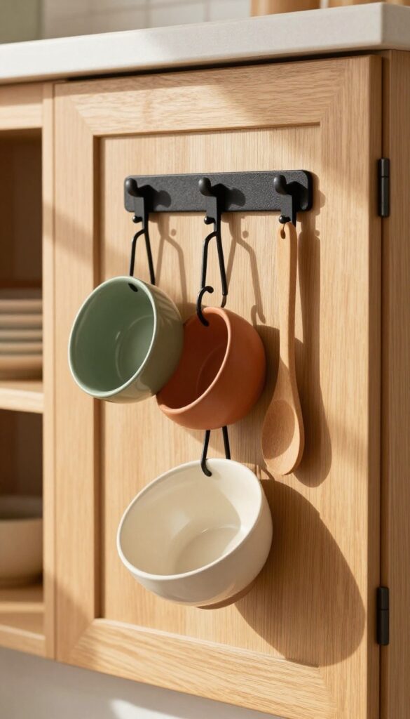 Over-the-cabinet hooks holding three earthy-toned serving bowls on a light wood cabinet door in a warm, cozy kitchen