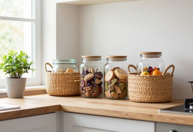 A cozy kitchen with a low shelf displaying snack baskets and jars, bathed in natural light.