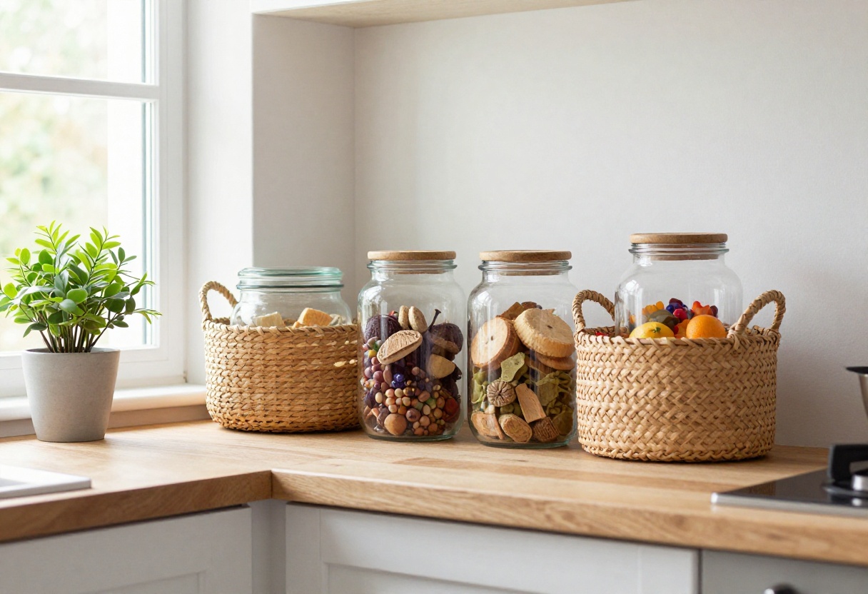 A cozy kitchen with a low shelf displaying snack baskets and jars, bathed in natural light.