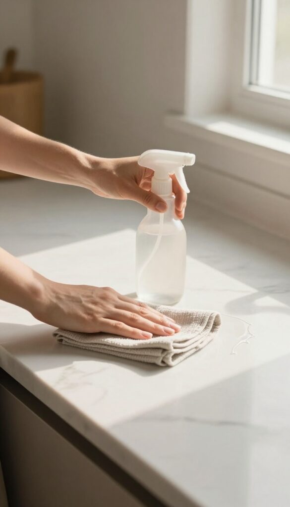 Person wiping a clean kitchen countertop with a microfiber cloth after a meal