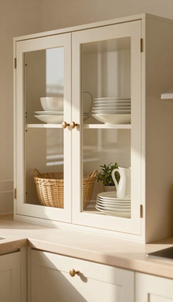 Glass-front kitchen cabinets with white dishes and plants inside, creating an open and airy feel
