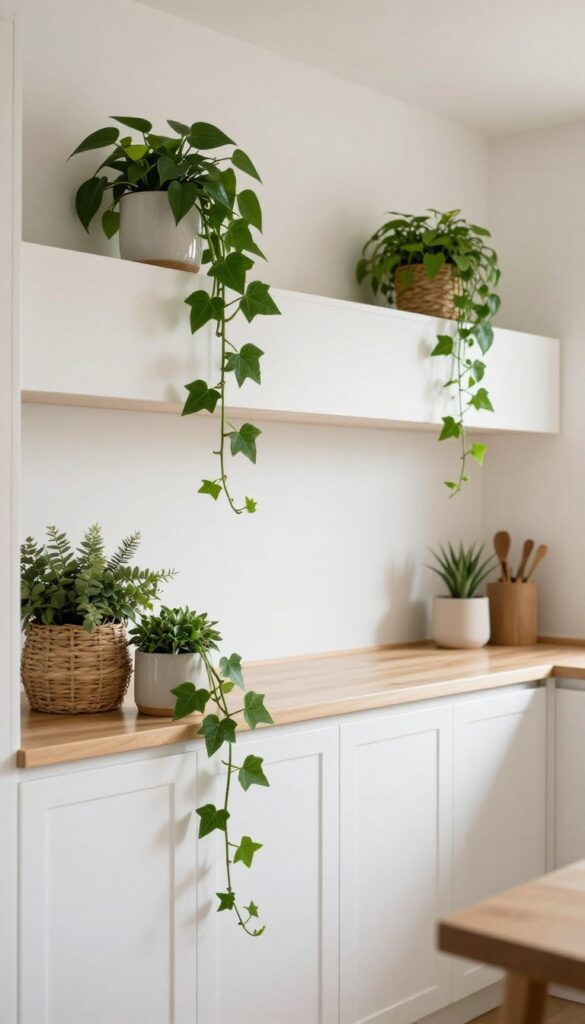 Trailing pothos and ivy plants on top of white kitchen cabinets, creating a soft green curtain that softens the transition between cabinets and ceiling.