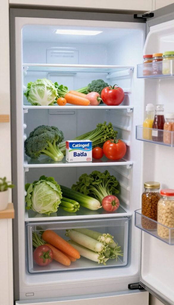 Open refrigerator with baking soda box on middle shelf, organized and clean, fresh natural light