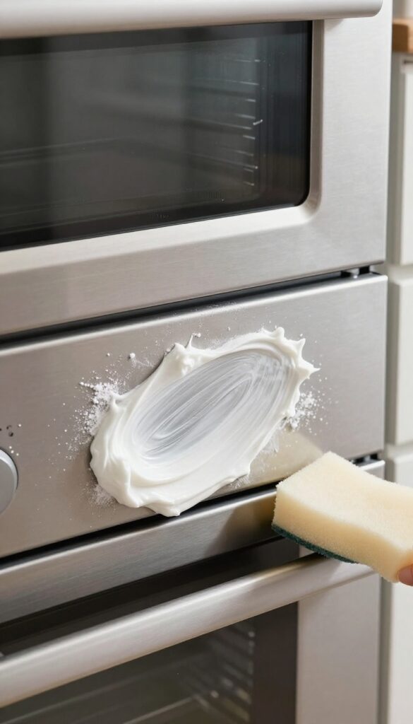 Baking soda and rubbing alcohol paste applied to a greasy oven door, with a sponge nearby, in bright natural light.