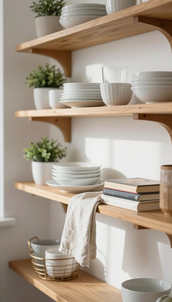 Open shelving in a kitchen with white dishes, glassware, and a small plant on warm wooden shelves, natural light, cozy atmosphere