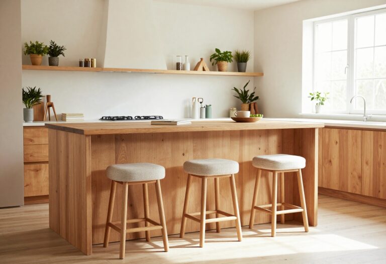 Warm kitchen peninsula with wooden counter and three stools, open shelving, and natural light