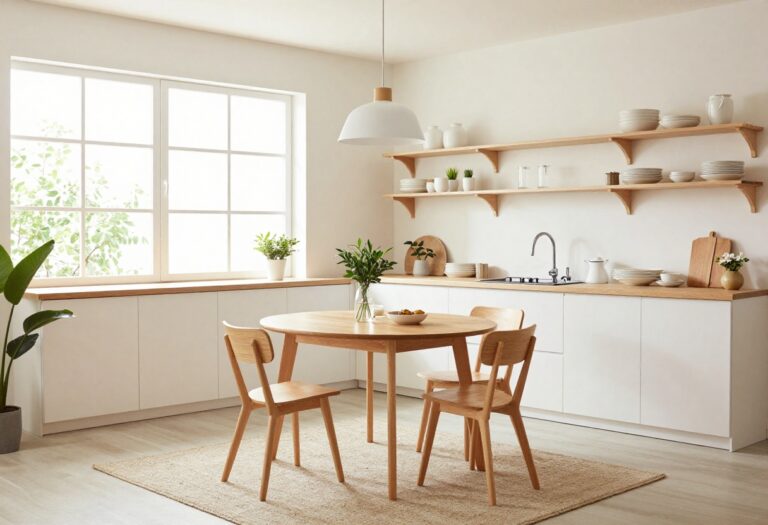 Cozy eat-in kitchen with round table, pendant light, and open shelving