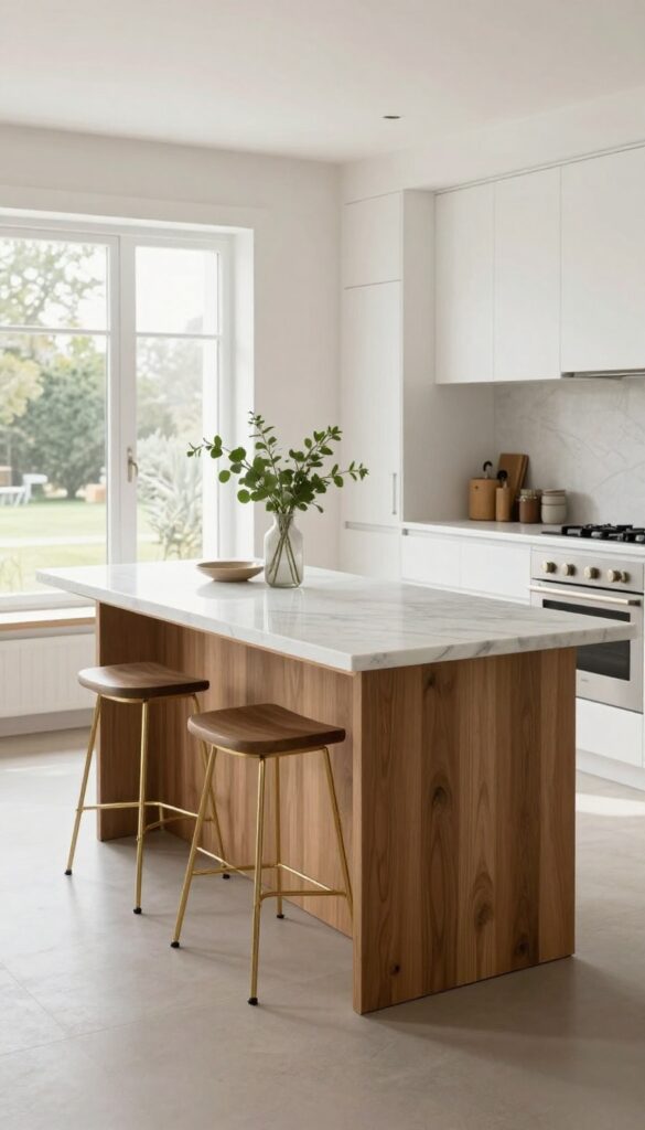 Modern kitchen island with contrasting brass legs, warm wood body, and marble countertop in a bright open-concept kitchen