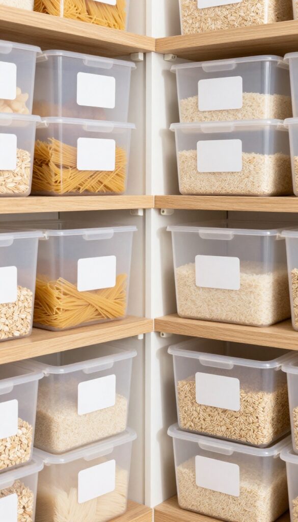 Clear bins with labels for dry goods in an L-shaped pantry, neatly organized on shelves.