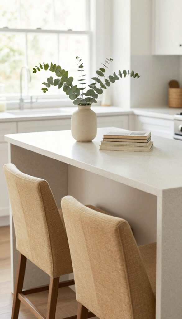Small kitchen with L-shaped counter and built-in table, two upholstered stools, vase with eucalyptus, natural light