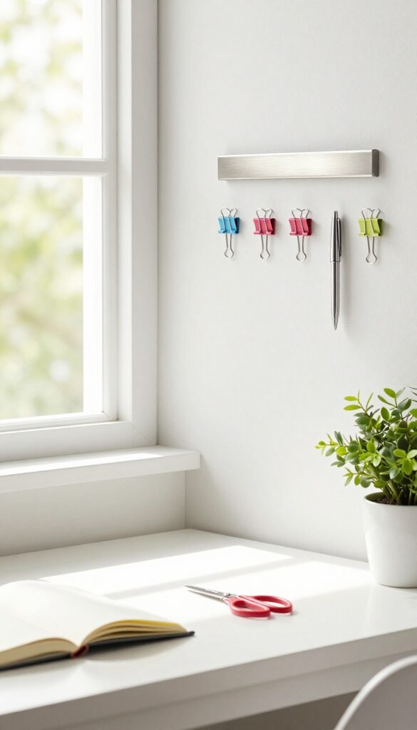 Magnetic knife strip on wall holding paper clips, pens, and scissors beside a tidy kitchen desk with notebook and plant.