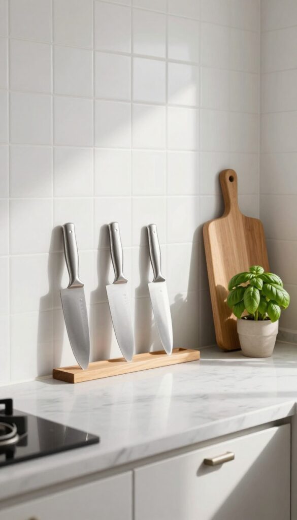 Minimalist kitchen with wooden magnetic knife strip holding knives, cutting board, and potted herb on counter.