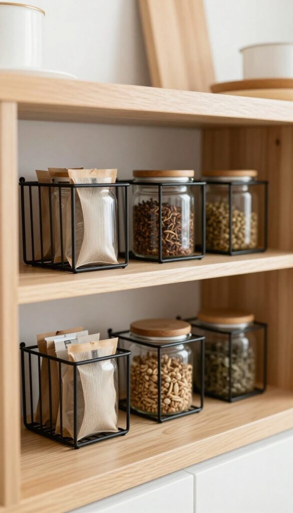 Under-shelf wire baskets installed beneath a kitchen shelf, holding spice jars and tea bags in a bright, organized apartment kitchen.