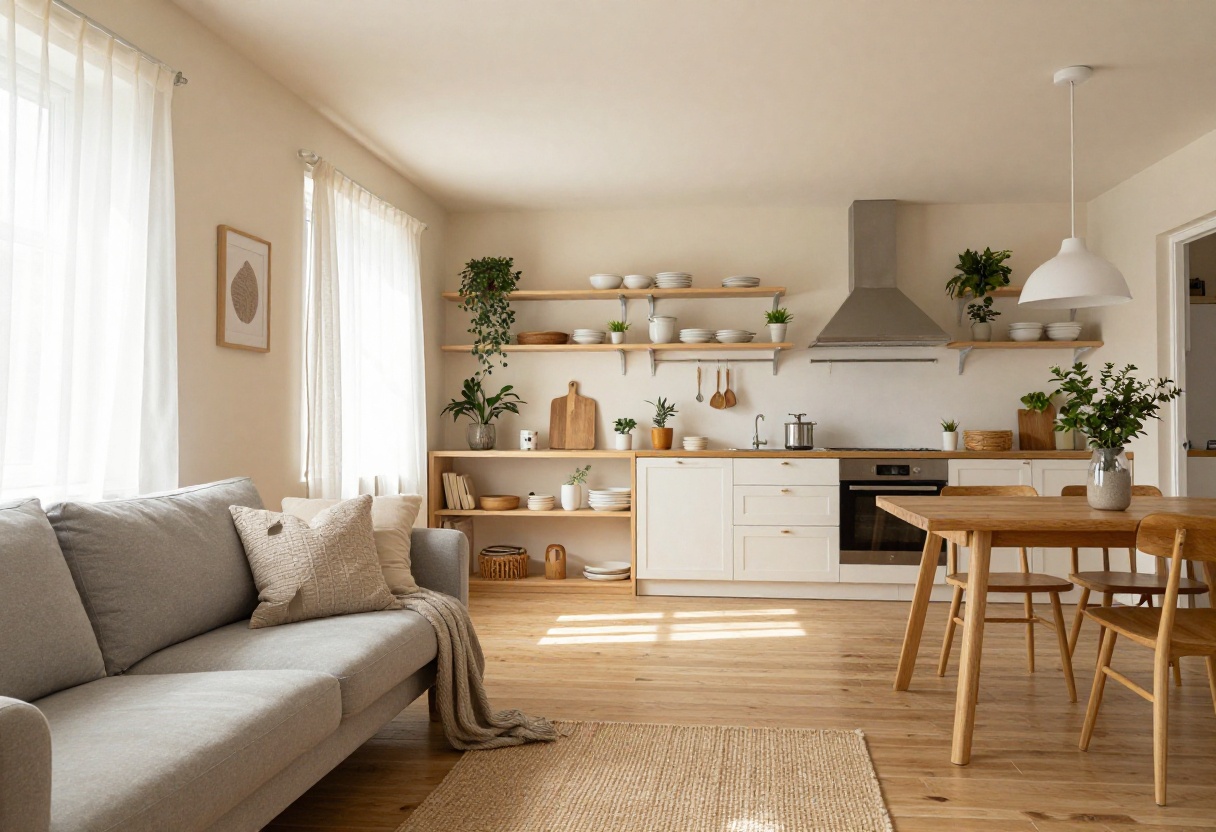 Cozy tiny apartment open kitchen and living room with soft beige tones, a gray sofa, woven rug, and plants.