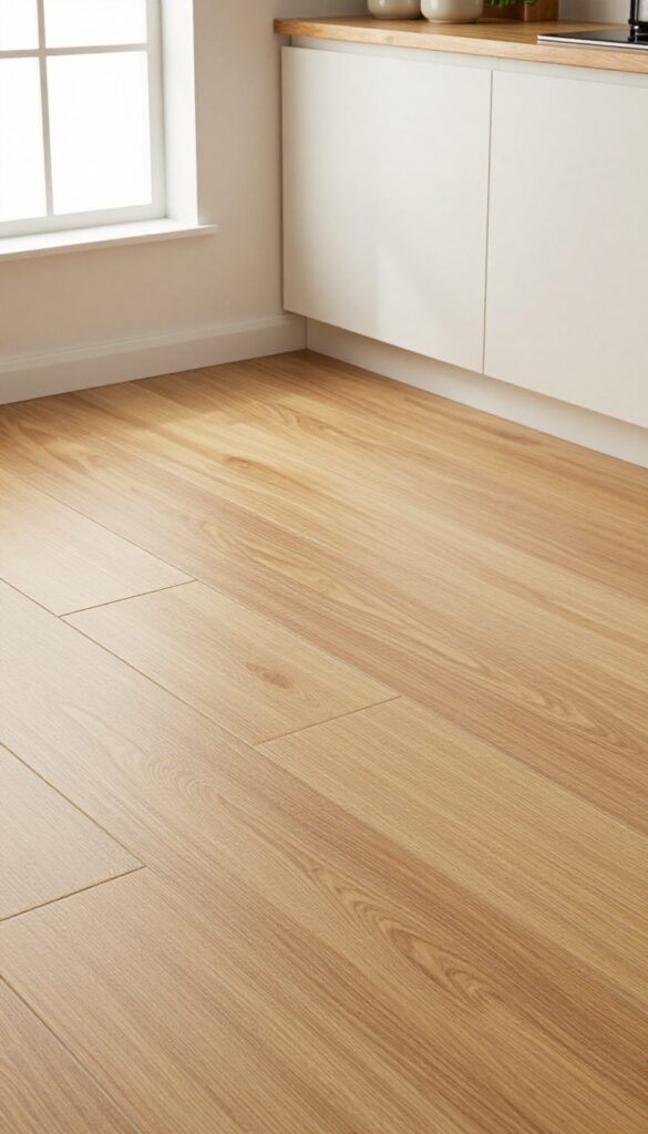 Small kitchen floor with wood-look porcelain tile in warm honey, staggered pattern, slim rolling cart against white cabinet, natural light