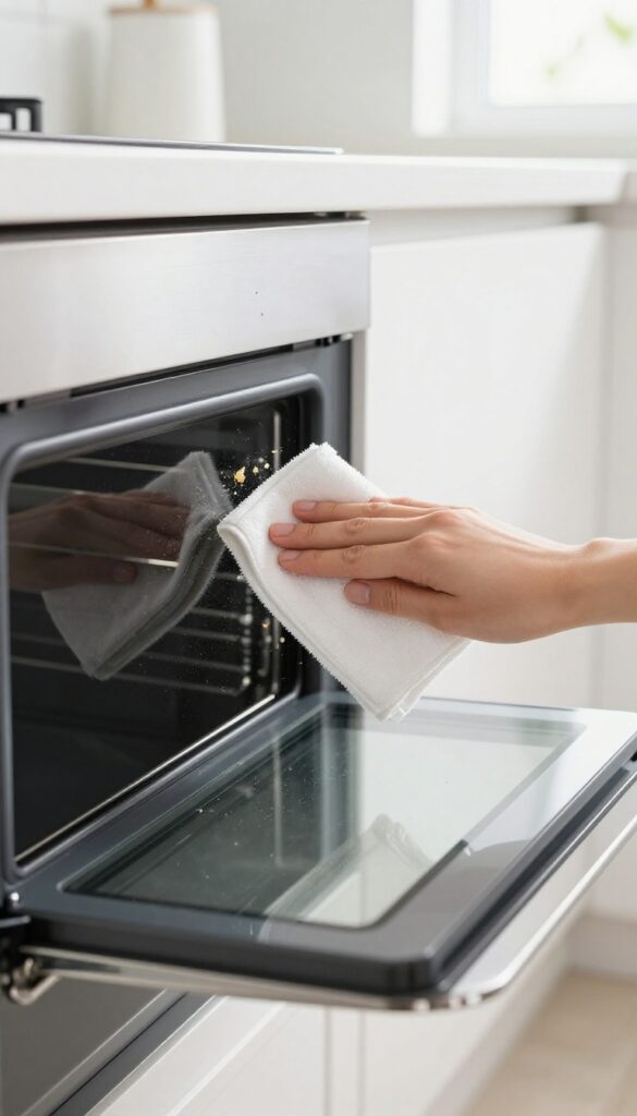 Person wiping oven glass with dry microfiber cloth to remove loose debris before cleaning