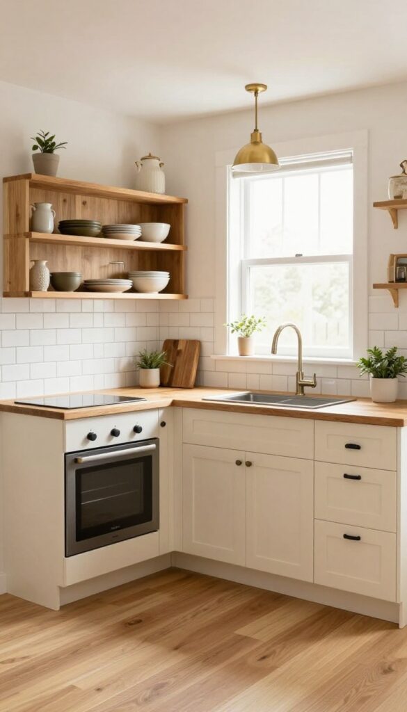 Small basement kitchen with light cream cabinets, butcher block counter, subway tile backsplash, open shelving, and brass pendant light.