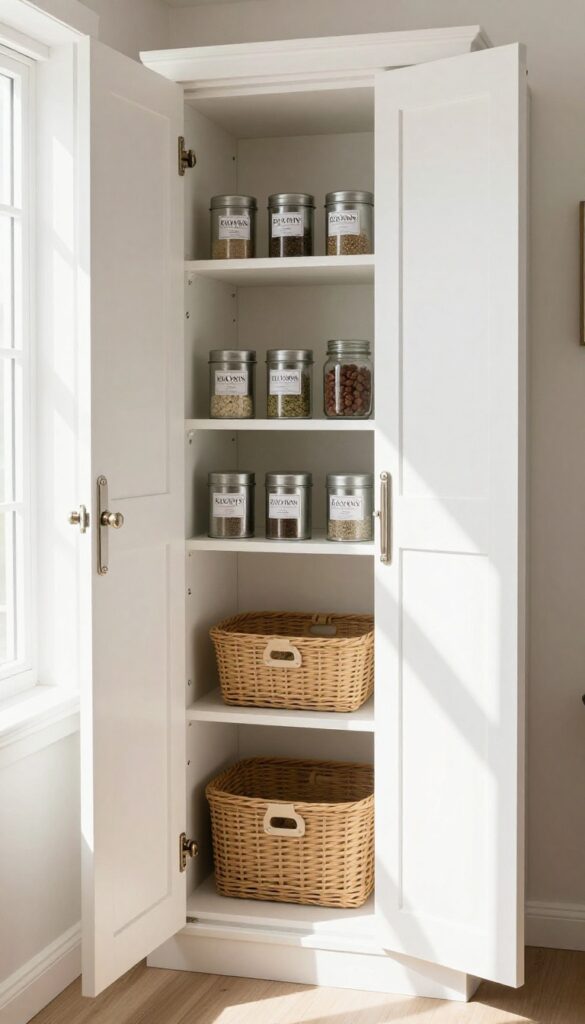 RV pantry door with magnetic strips holding metal spice tins and measuring spoons