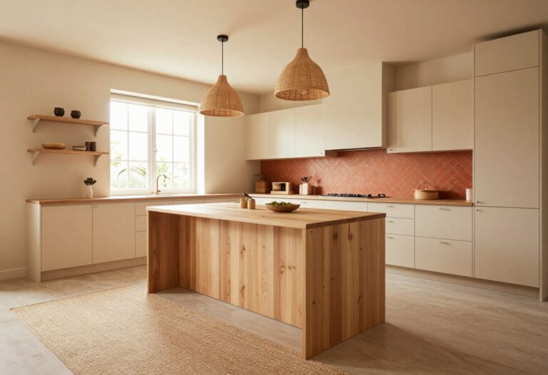Bright and airy Southwest kitchen with beige cabinets, terracotta backsplash, wood island, and woven pendants