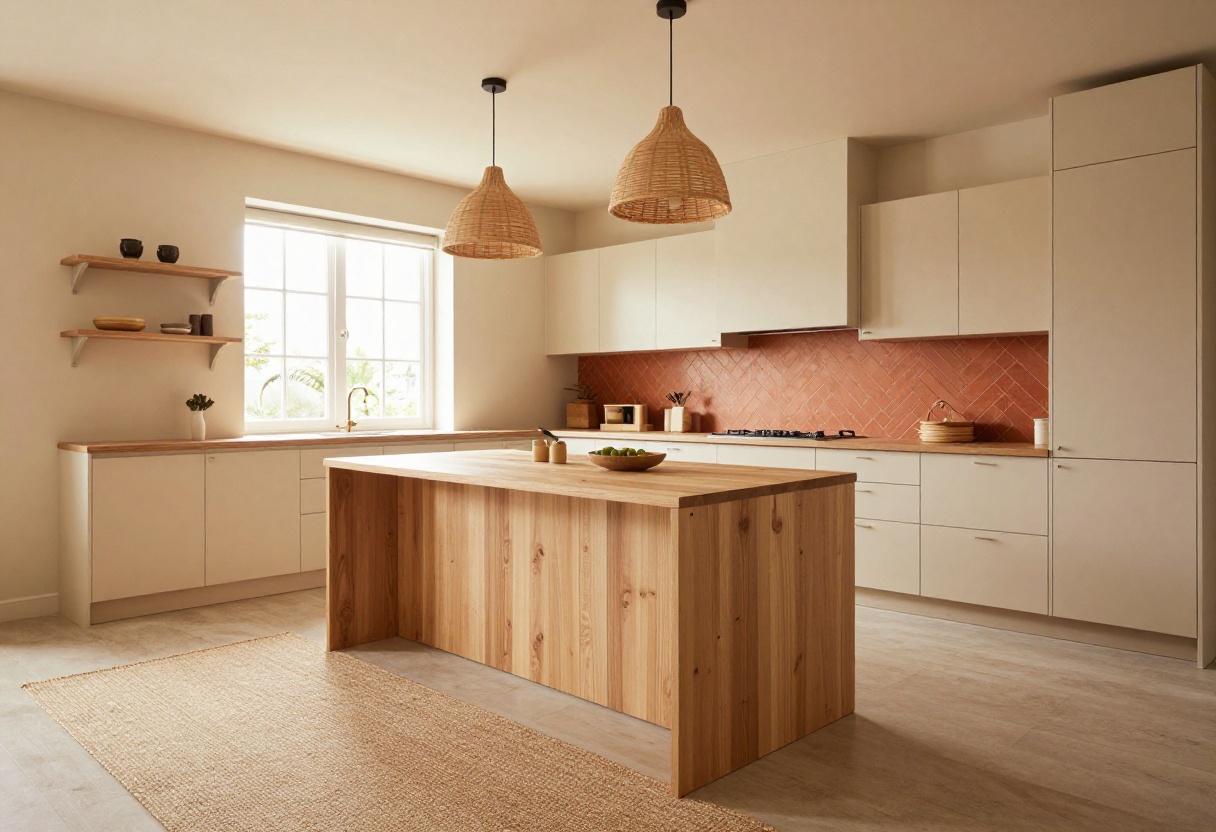 Bright and airy Southwest kitchen with beige cabinets, terracotta backsplash, wood island, and woven pendants