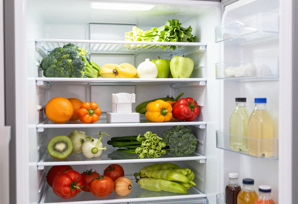 Clean refrigerator interior with organized shelves and fresh produce