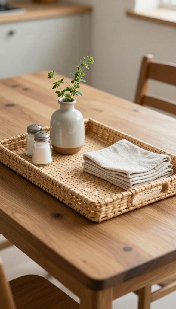 A kitchen table with a central woven tray holding a vase, salt and pepper shakers, and napkins, surrounded by clean tabletop.