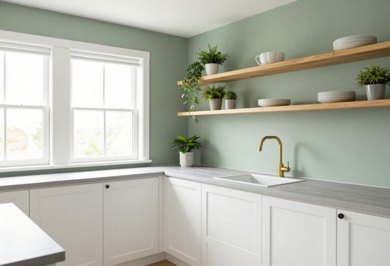 Small kitchen with sage green walls, white cabinets, open shelving, and brass fixtures in natural light.