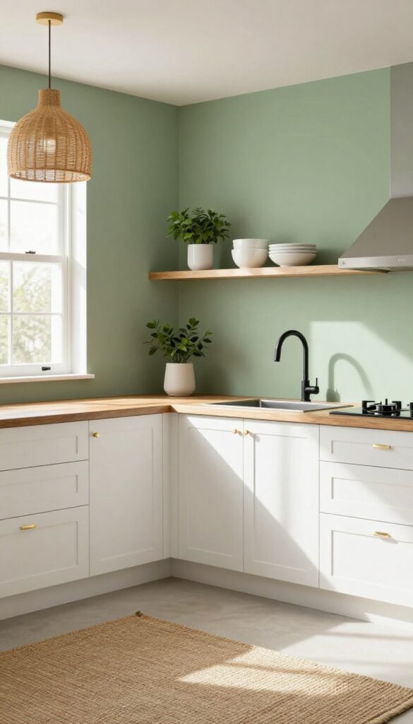 A calming sage green kitchen with white cabinets, natural wood accents, and warm natural light.