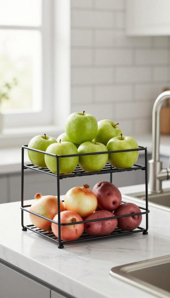 Stackable wire produce bins on a kitchen countertop with apples, onions, and potatoes