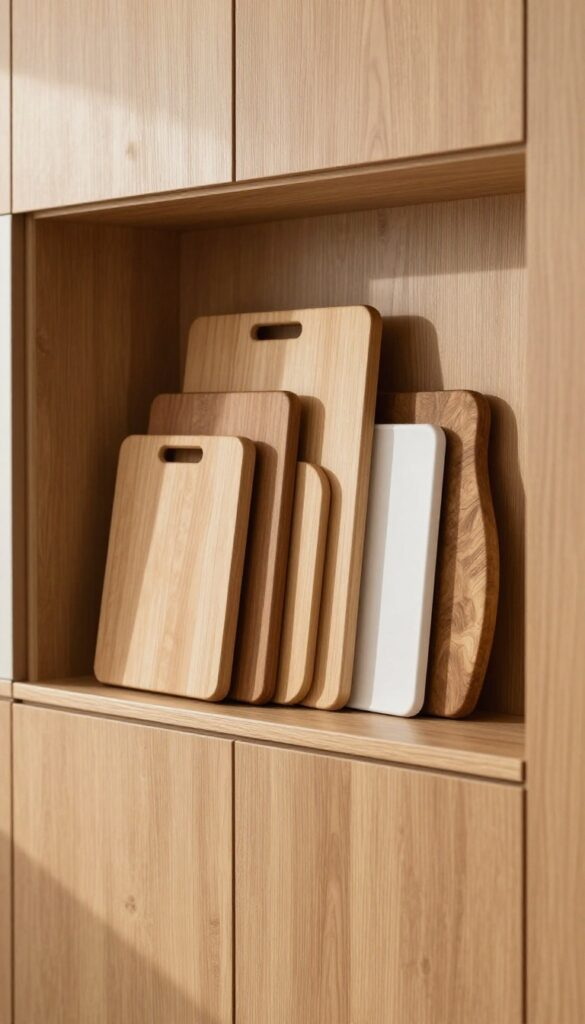 Vertical wooden dividers at the end of kitchen cabinets storing cutting boards and baking sheets upright