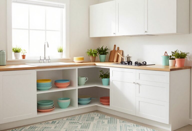 Bright small kitchen with open shelving, colorful dishes, herbs, and a patterned rug