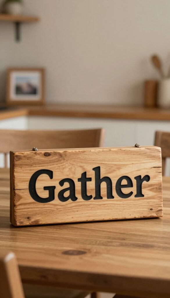 Rustic wooden sign with 'Gather' lettering above a kitchen table in warm natural light