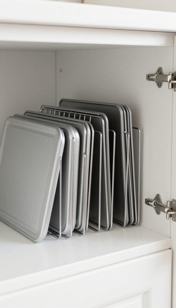 Vertical dividers inside a kitchen cabinet organizing baking sheets and trays upright