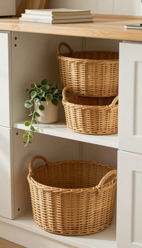 Open cane baskets above kitchen cabinets with trailing plant and cookbooks