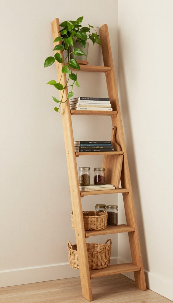 A wooden ladder shelf in a farmhouse pantry with cookbooks, cutting boards, mason jars, woven baskets, and a trailing plant, styled with neutral colors and natural light.