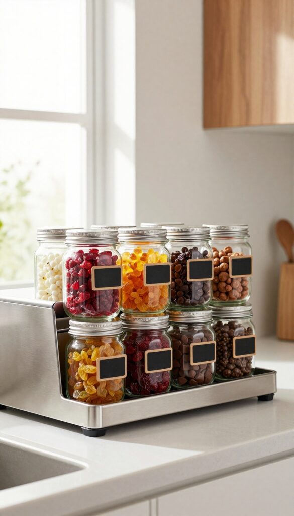Magnetic spice jars on the side of a fridge filled with small treats, organized in a neat row, with labels and bright natural light.