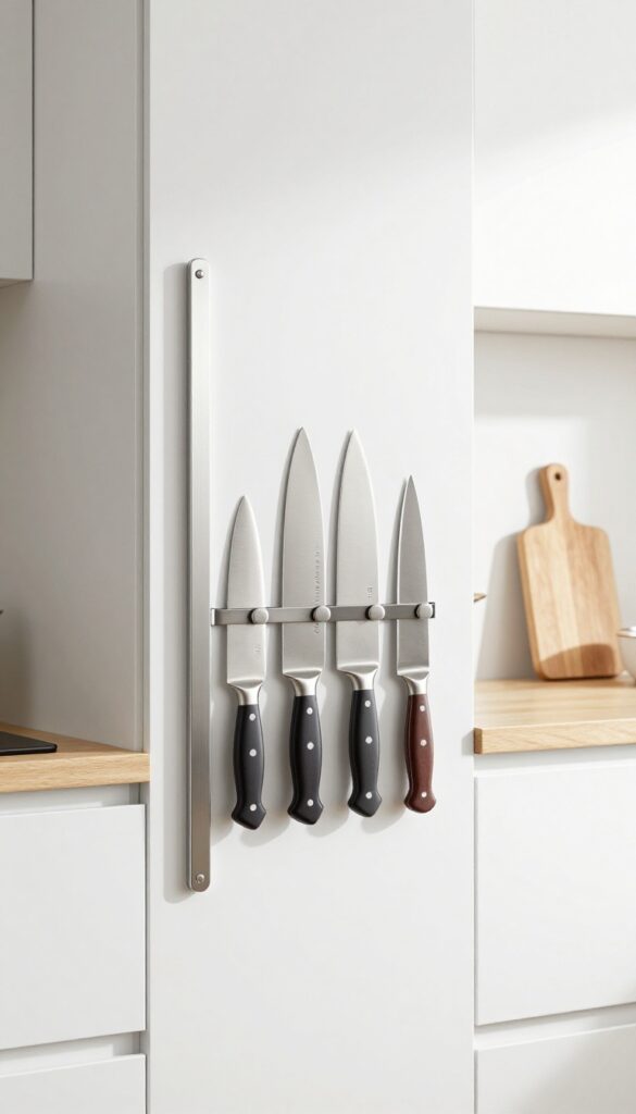 Magnetic knife strip mounted inside a cabinet door for hidden storage